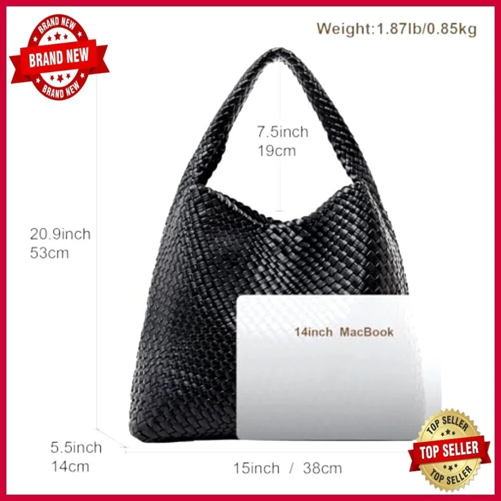 Large Woven Tote Bag with Clutch, Vegan Leather, Spacious Shoulder Bag